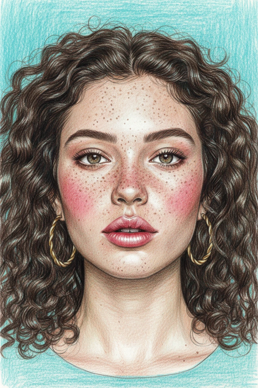 Freckled girl close up in colored pencil portrait