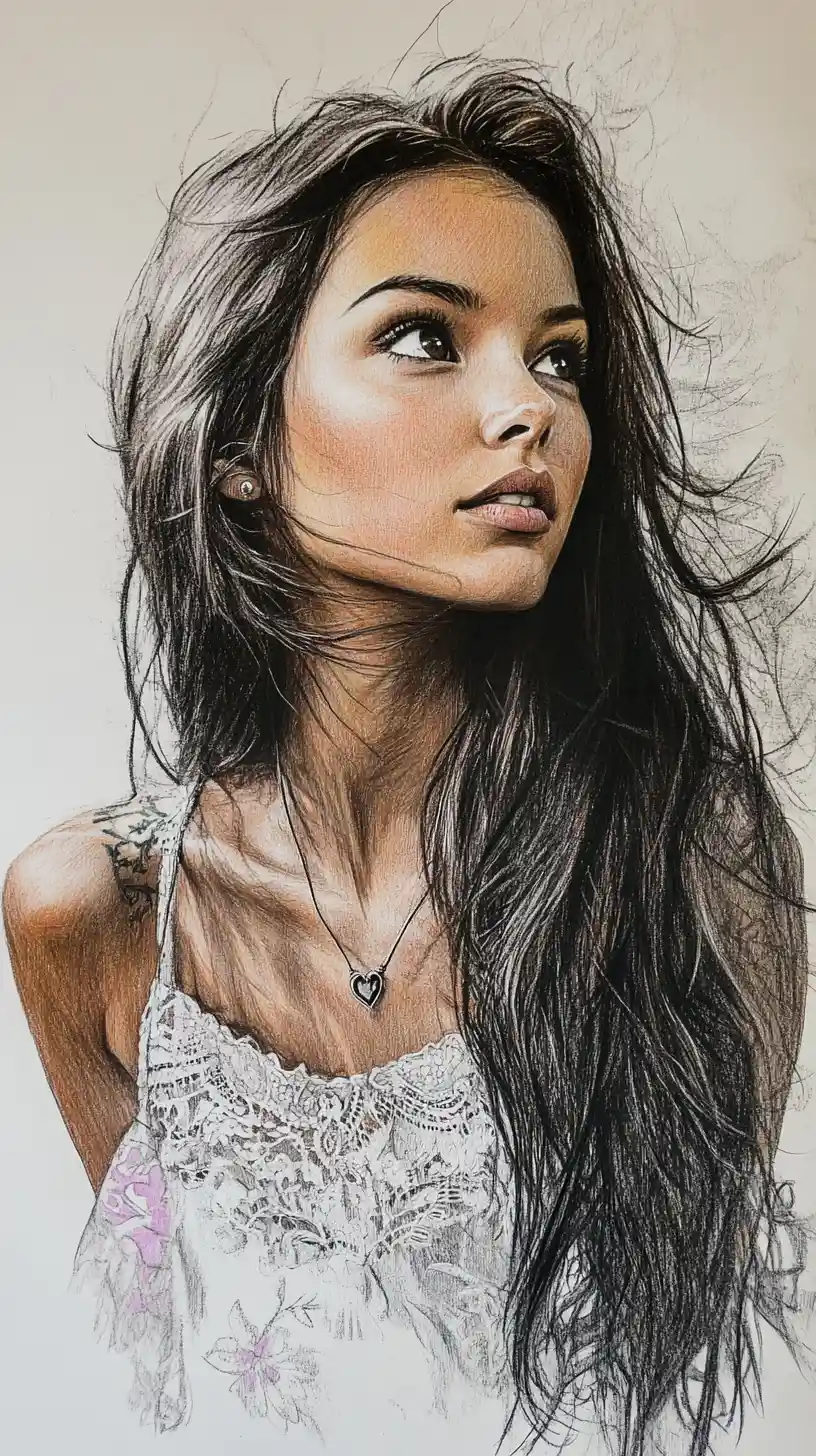 Close up ink portrait of a young woman on textured paper