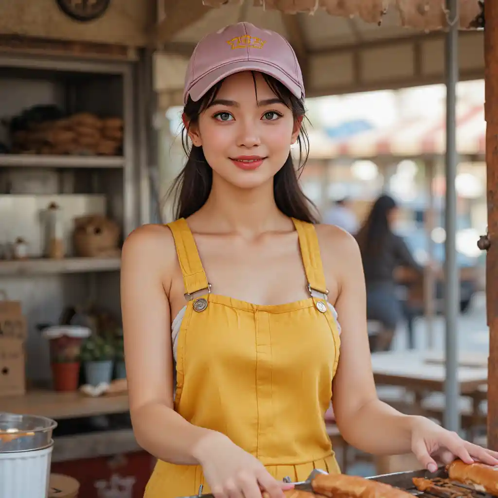 Smiling young vendor at a street hot dog cart