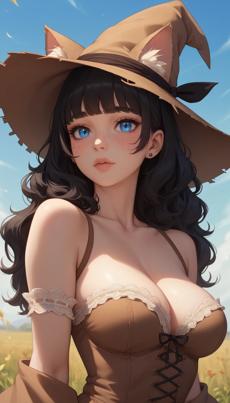 Chica gato de anime en primer plano con ojos azules en la costa