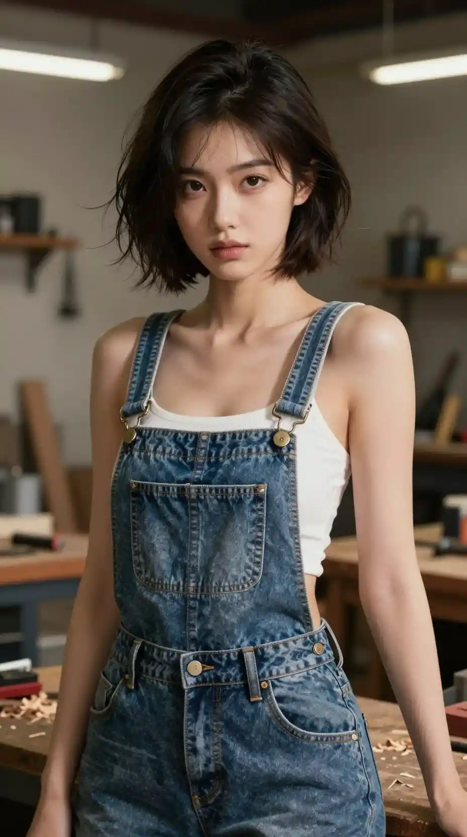 Giovane ragazza con salopette di jeans in una calda officina