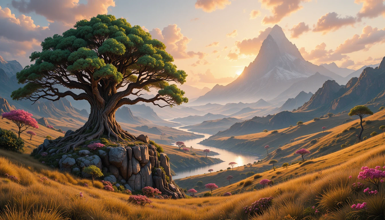 Ancient tree overlooking a river and distant mountains