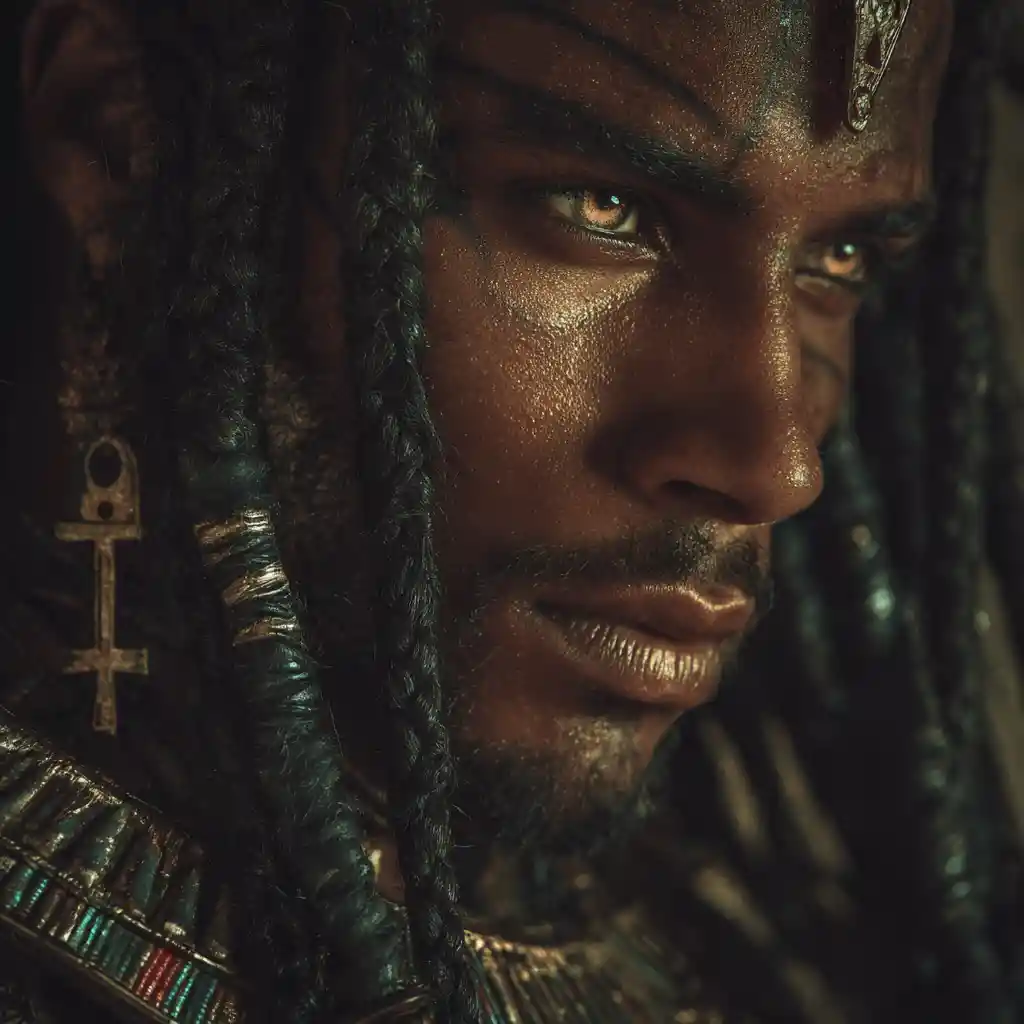 Mystical Egyptian man portrait with glowing ankh eyes