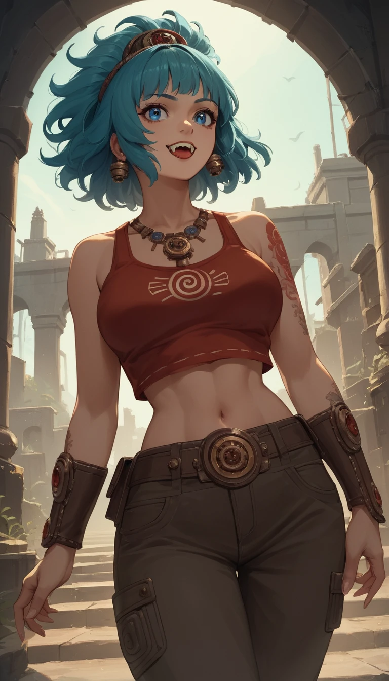 Voluptuous red cat warrior in a misty fantasy city