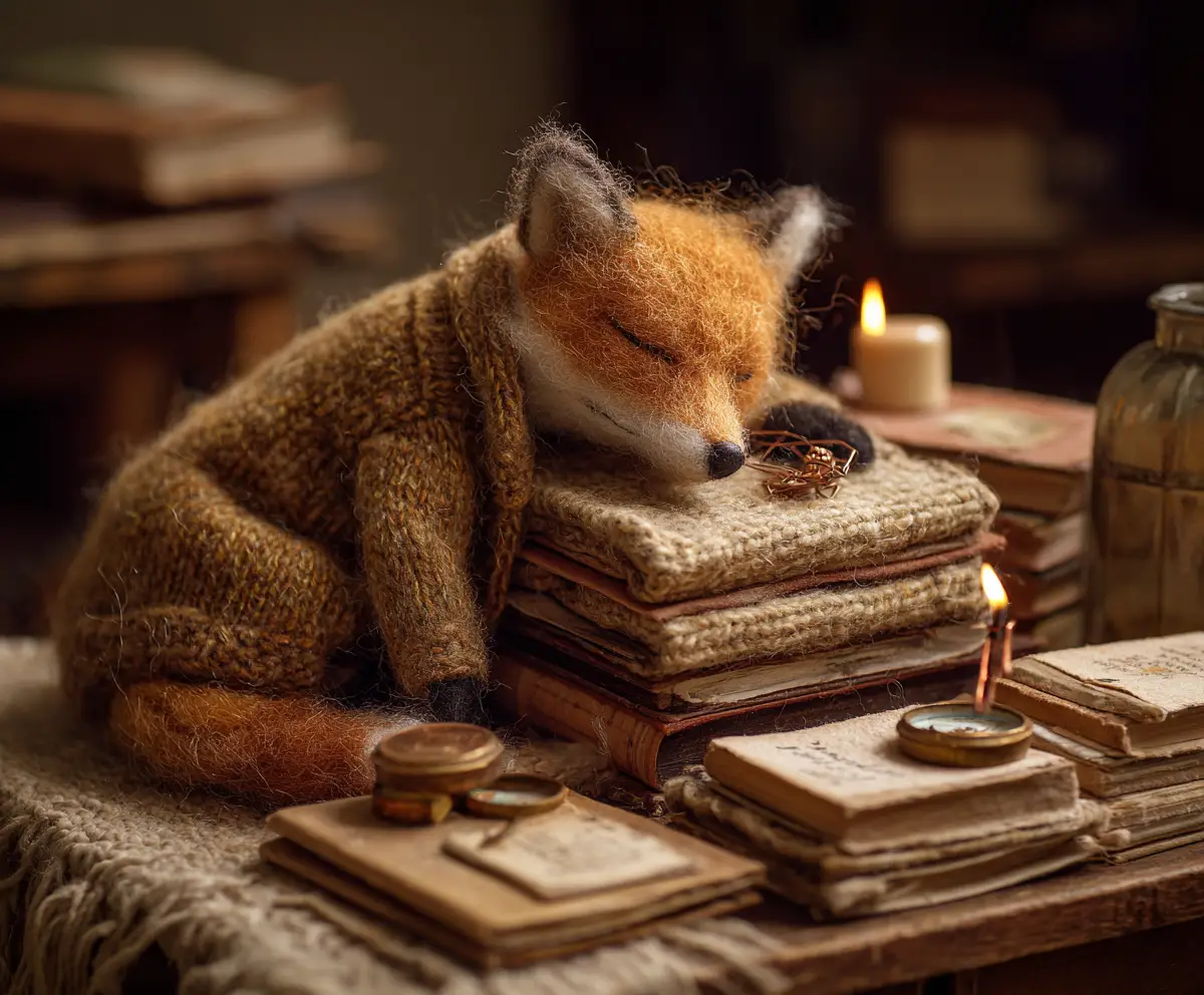 Sleeping felted fox in a wool cardigan on a desk