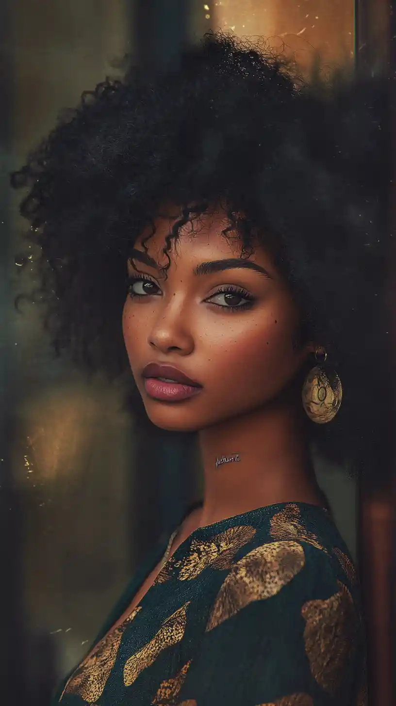 Serene close up portrait of a black woman with afro hair