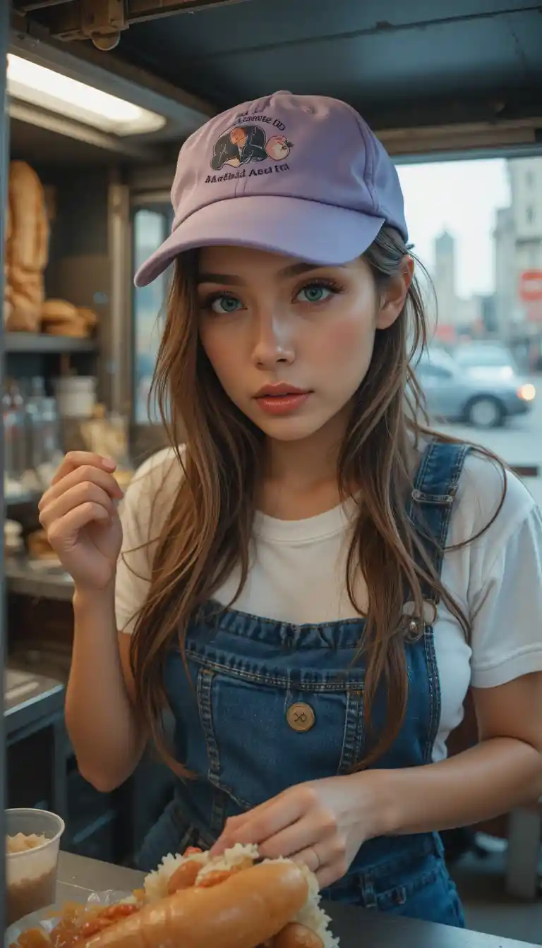 Young hot dog vendor girl inside street food cart