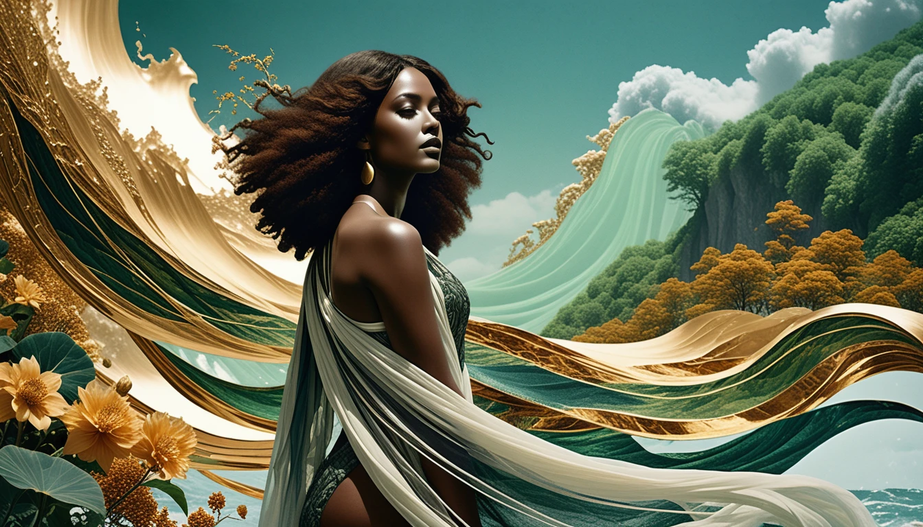 Mujer negra surrealista con prendas fluidas en un bosque místico