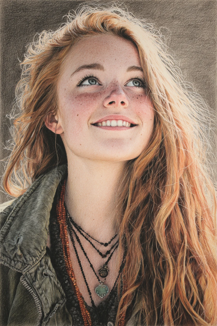 Low angle color pencil portrait of a smiling young woman