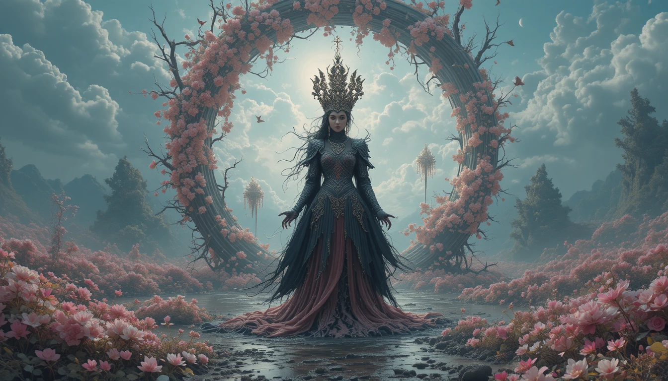 Reina oscura alejándose en un palacio surrealista de sombras
