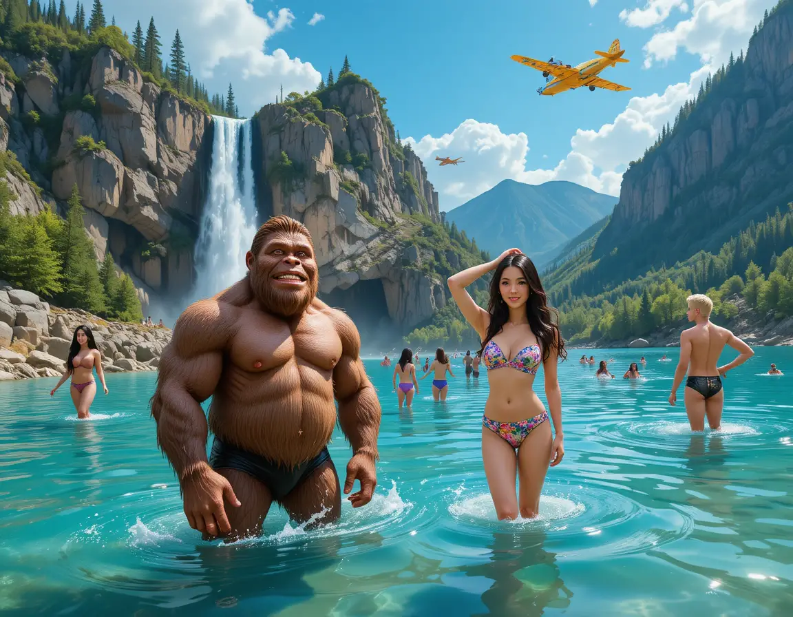 Bigfoot amichevole in un lago di montagna sotto una cascata