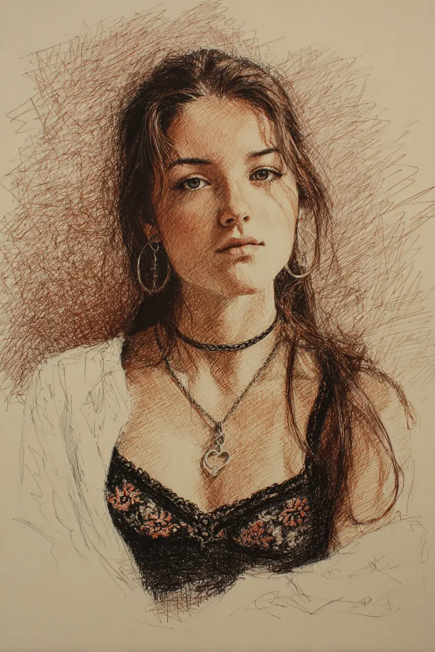 Close up drawing of a young woman with intense gaze