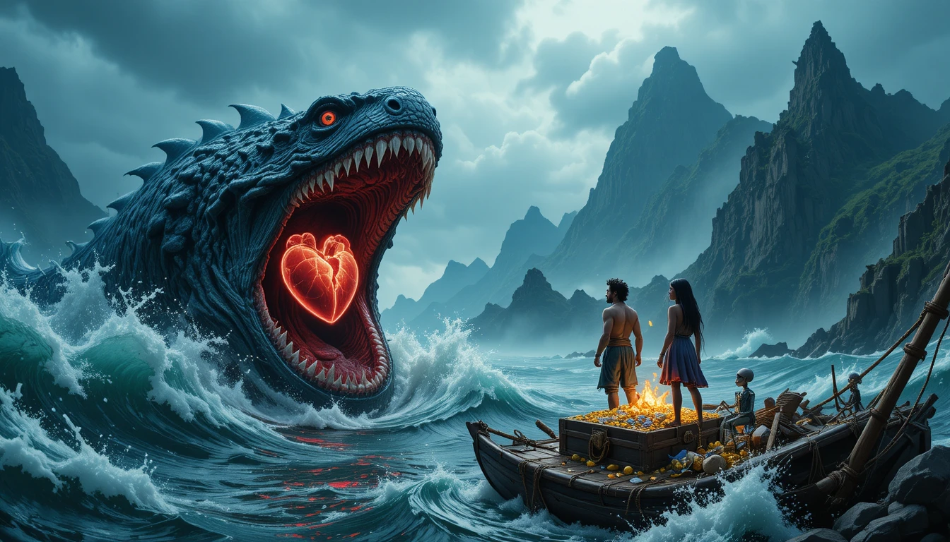 Monstruo marino gigante emergiendo de olas tormentosas con corazón brillante