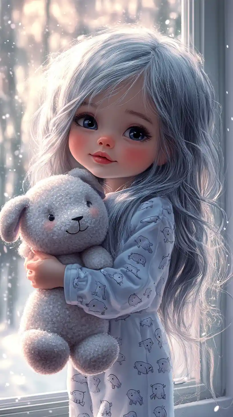 Bebé princesa soñolienta abrazando un peluche junto a la ventana