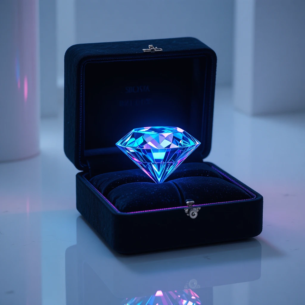 Diamant de luxe dans un écrin en velours noir ouvert sur surface blanche