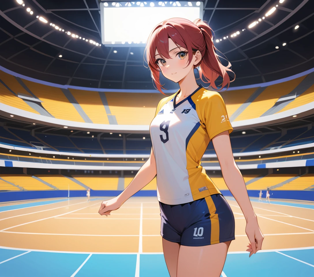 Joven jugadora de voleibol de pie orgullosa en un estadio cubierto