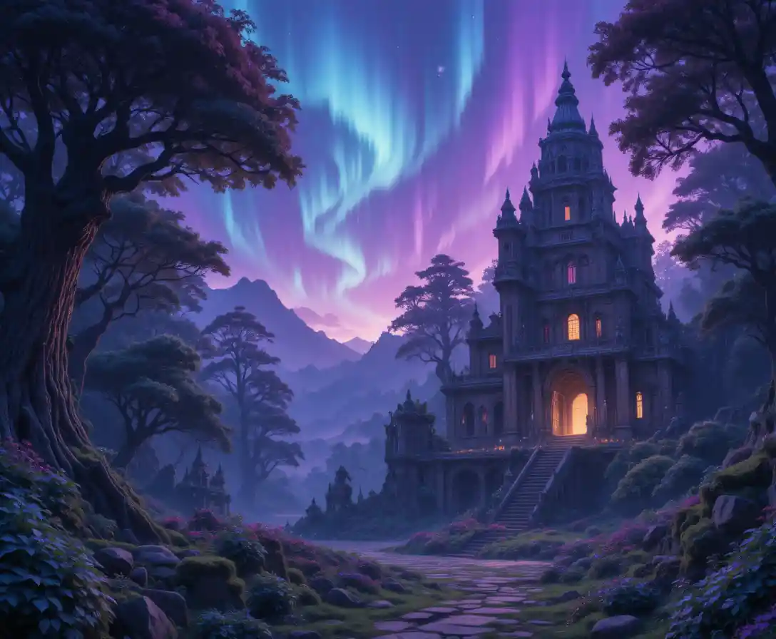 Ruines d’un ancien temple brillant dans une forêt violette enchantée