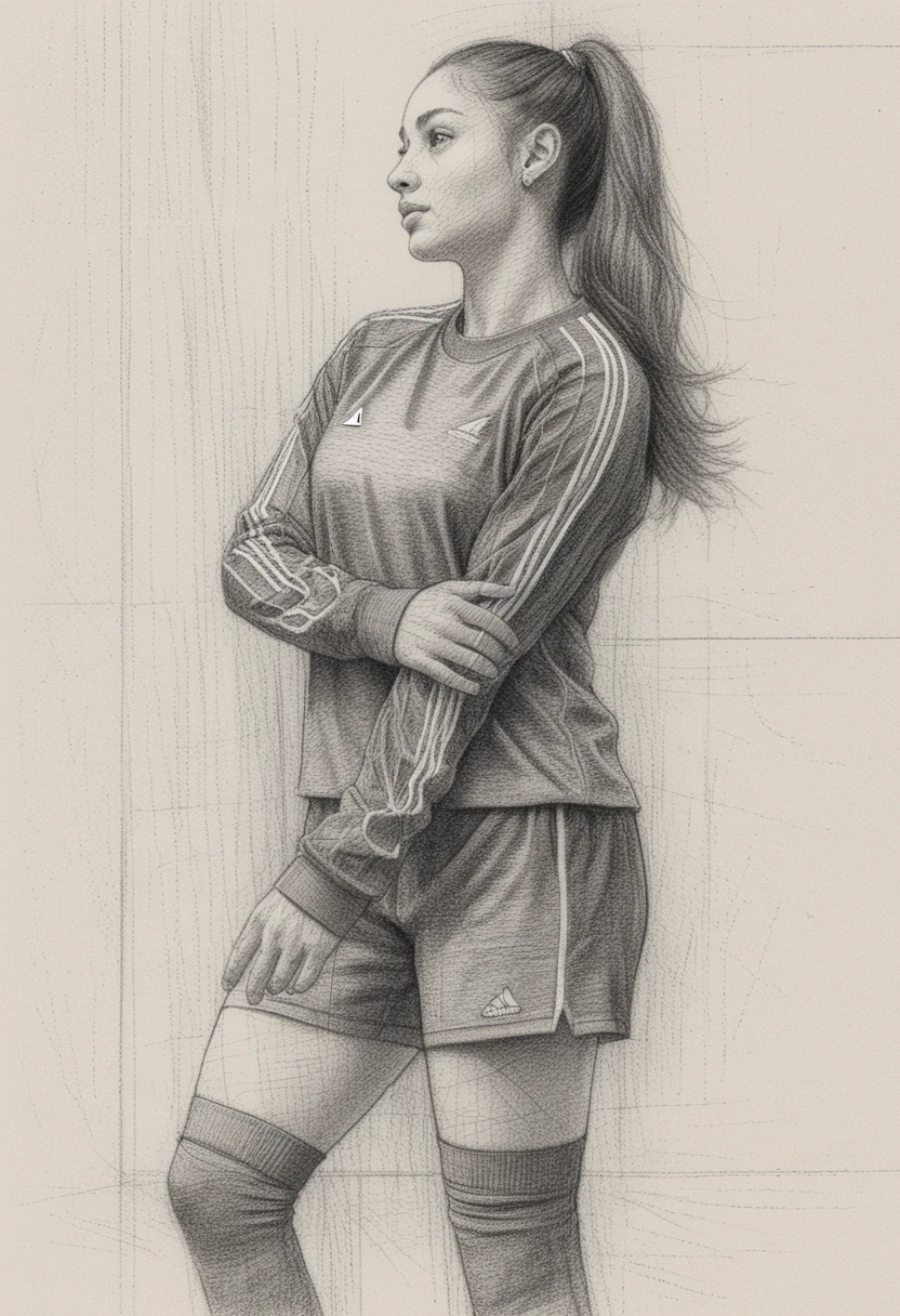 Full body pencil portrait of a focused young footballer