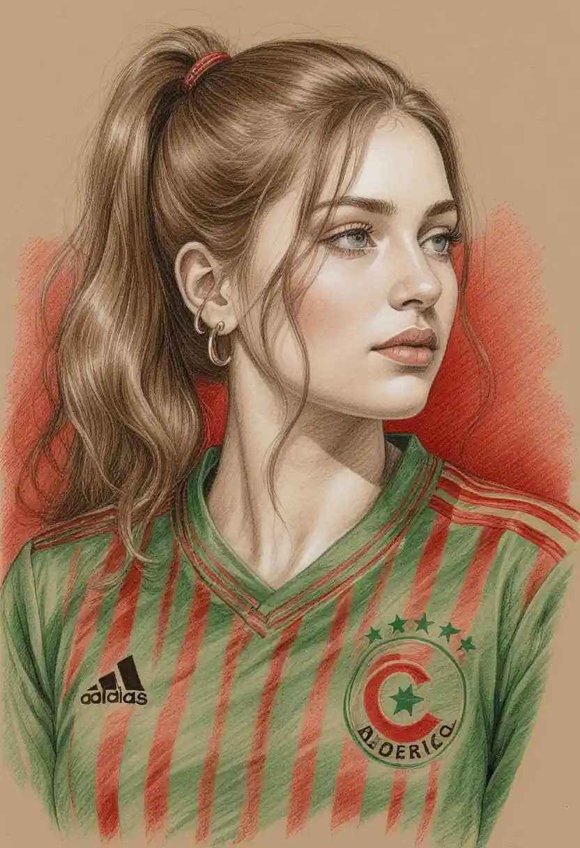 Serene young woman in Algerian football shirt pen portrait