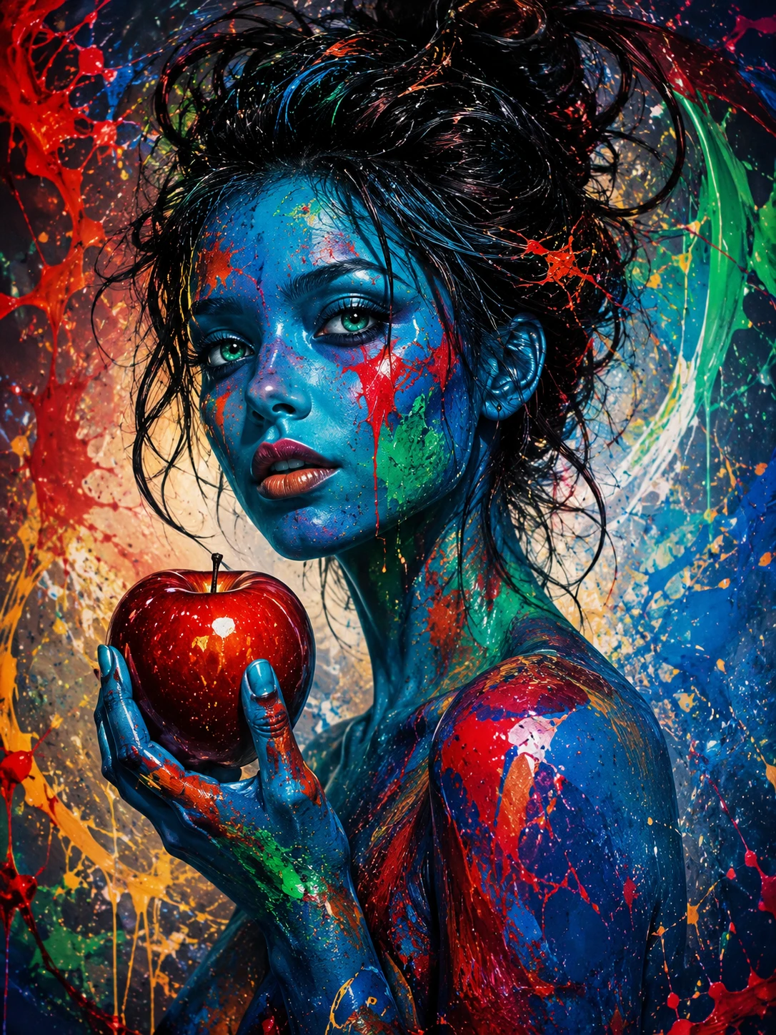 Mujer surrealista de piel azul sosteniendo una manzana roja brillante