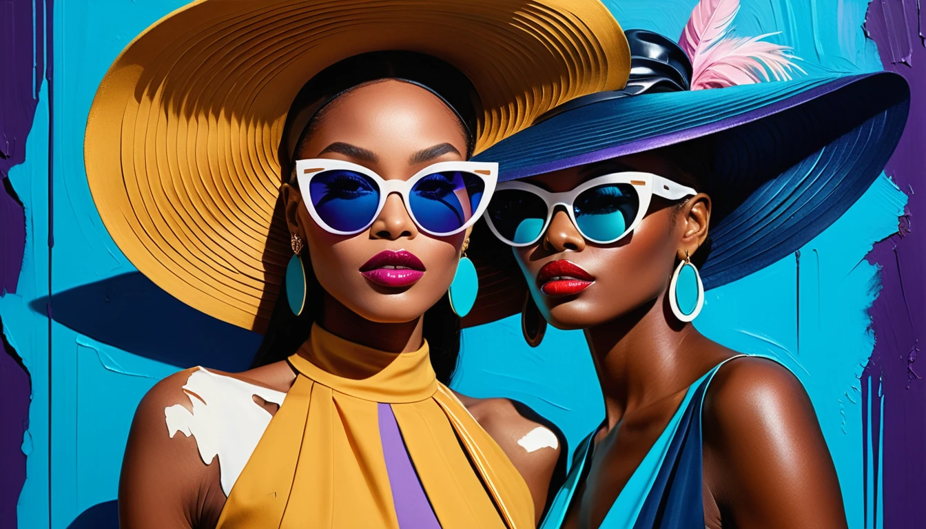 Retrato al impasto de dos mujeres negras elegantes con sombreros llamativos