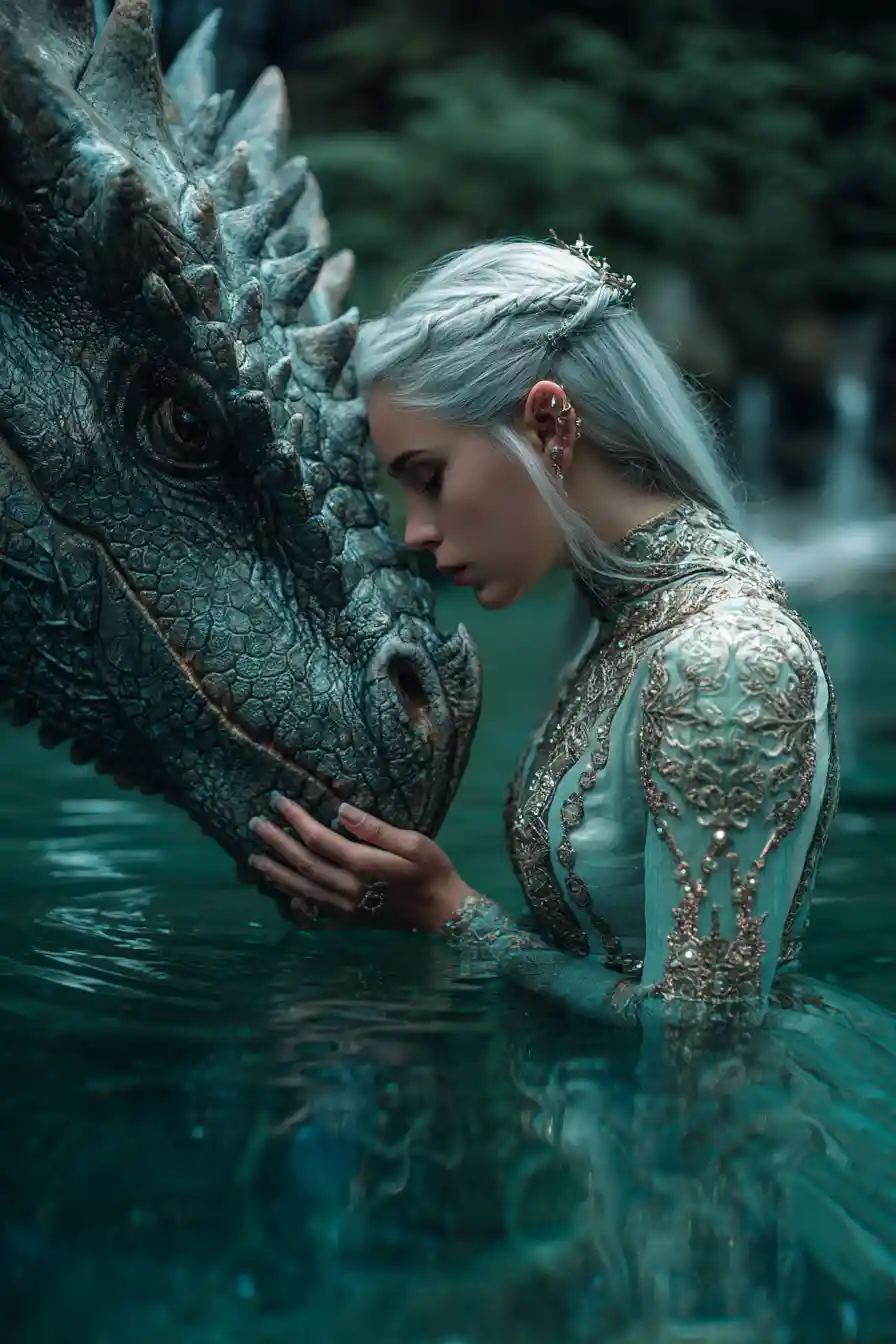 Reina elfa tocando el hocico de un dragón gentil