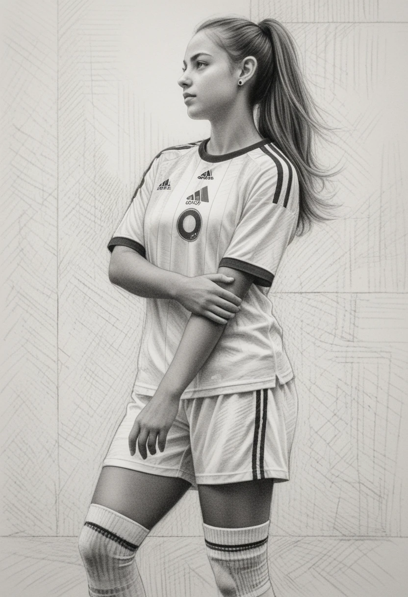 Graphite profile portrait of focused young female footballer