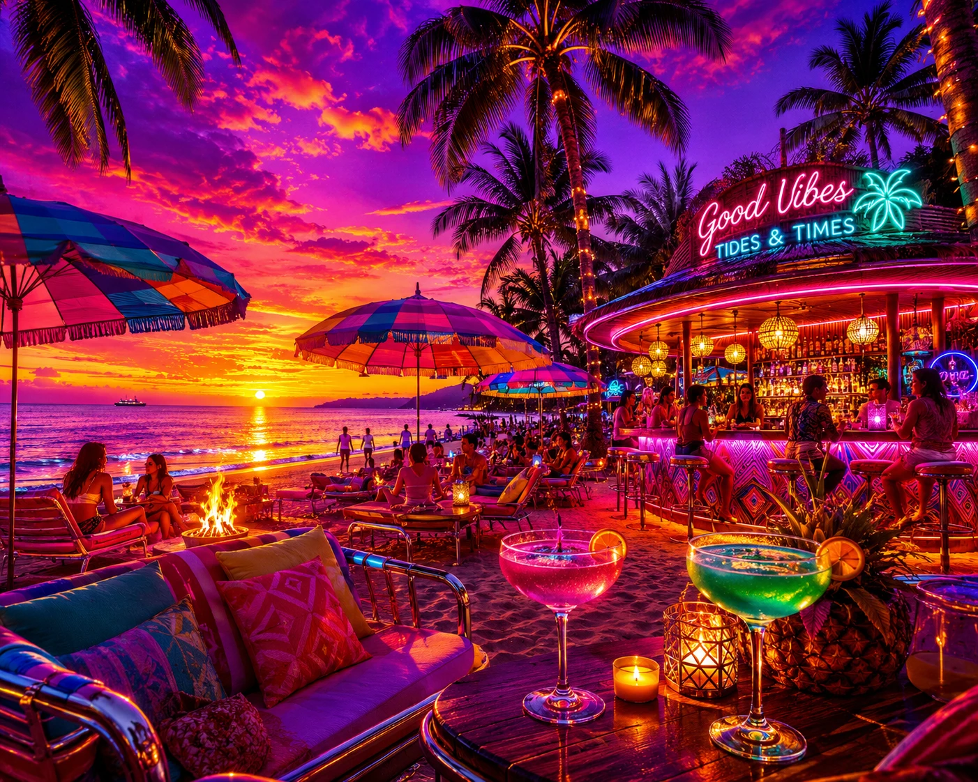 Bar tiki vibrante de arte pop en una playa tropical