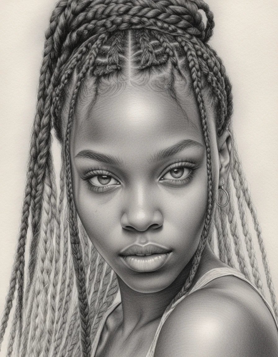 Close up pencil portrait of a young woman with braids