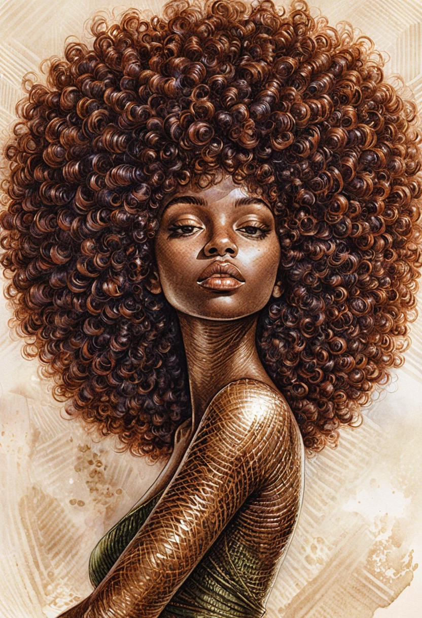 Serene black woman close up with voluminous afro portrait