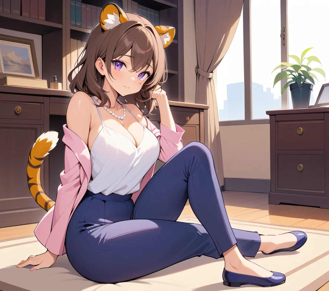 Mujer elegante con rasgos de tigre en una oficina moderna