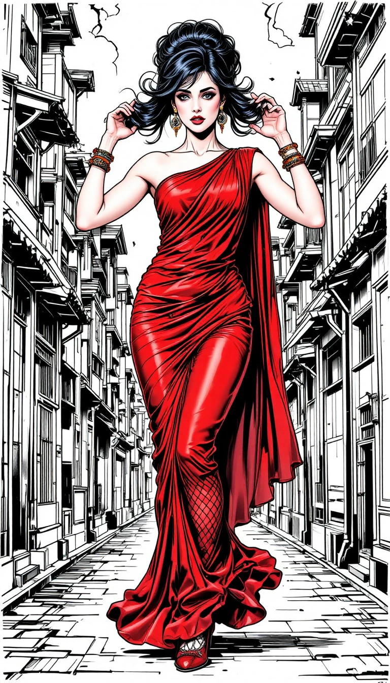 Mujer elegante con sari posando en ilustración cómica dinámica