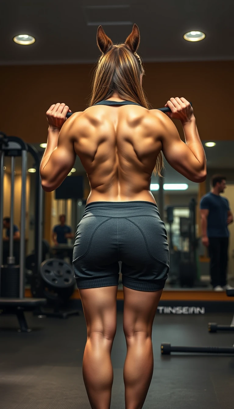 Mujer atlética desnuda haciendo sentadilla con barra en el gimnasio
