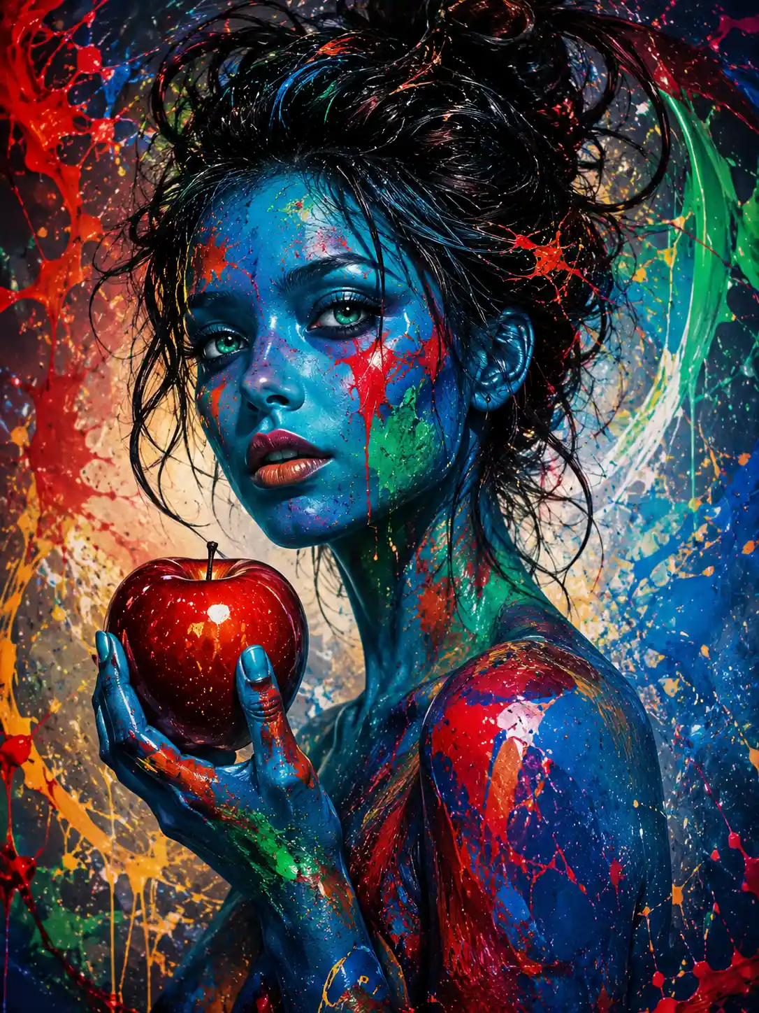 Mujer surrealista de piel azul sosteniendo una manzana roja brillante