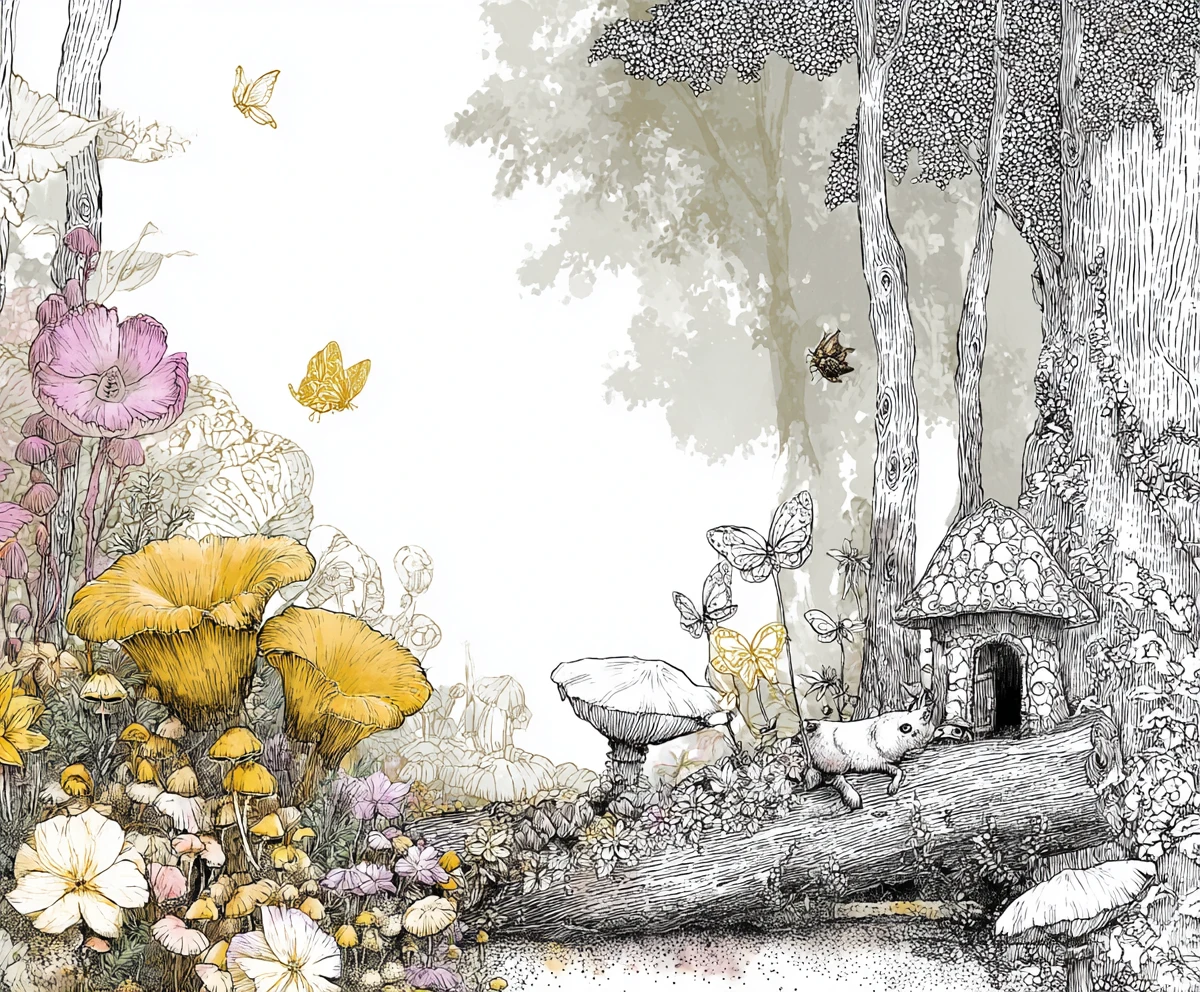 Enchanted forest with watchful trees and tiny winged sprites