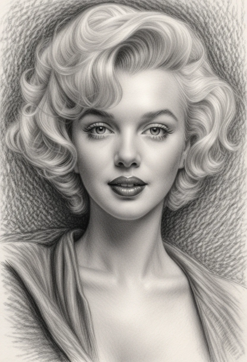 Retrato en grafito en primer plano de Marilyn Monroe en blanco y negro