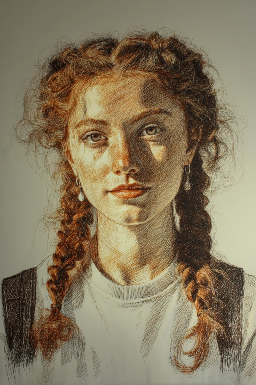 Ink portrait of a braided young woman with confident gaze