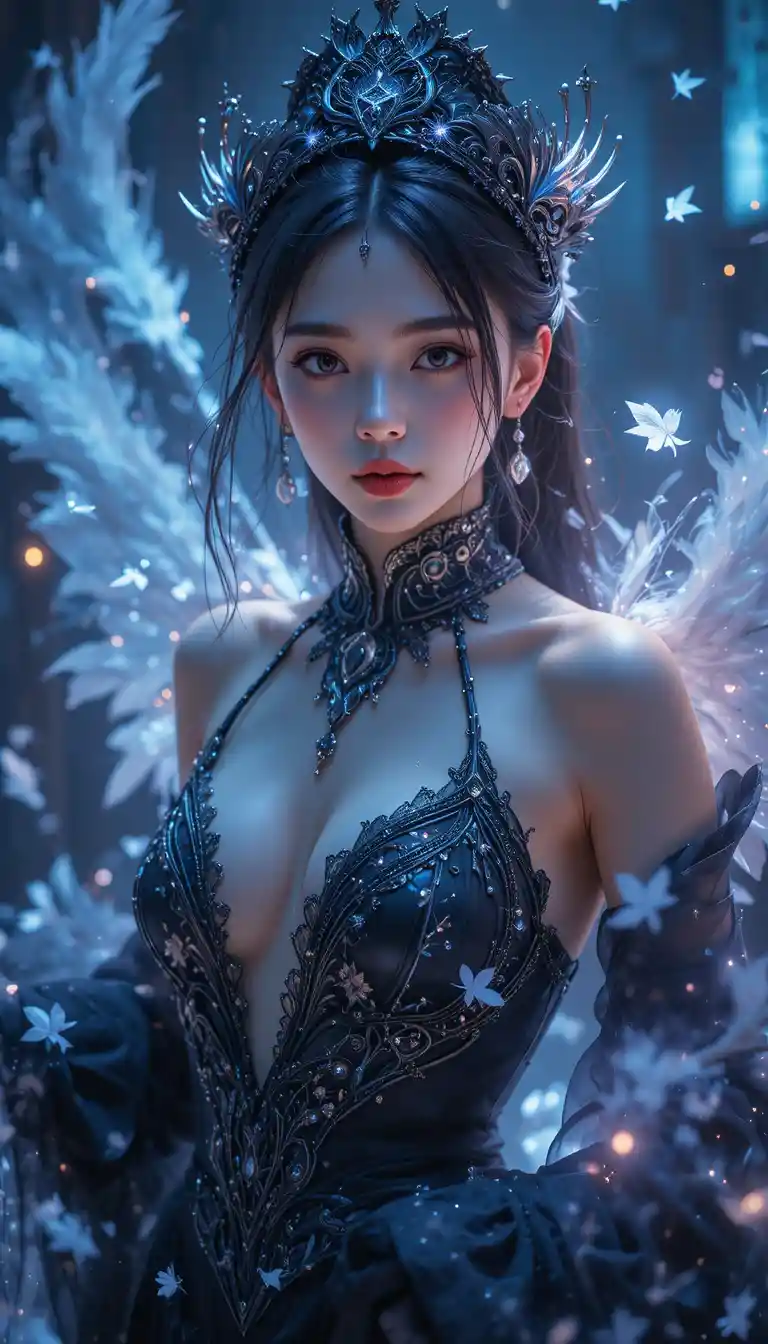 Atractiva princesa coreana de anime en un resplandeciente reino de plumas