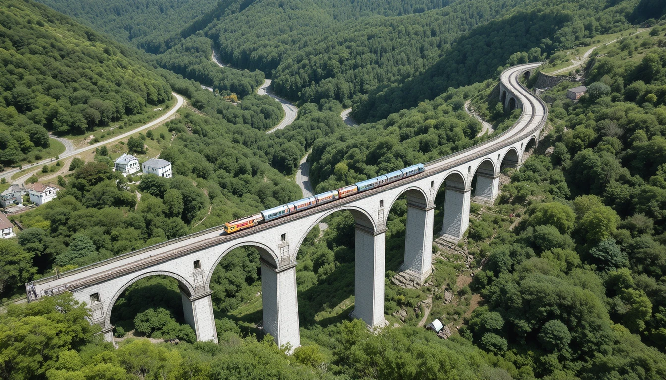 Stone viaduct bridge spanning a lush green forest valley