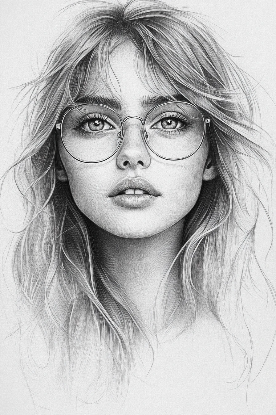 Portrait of a young woman in fine line pencil drawing