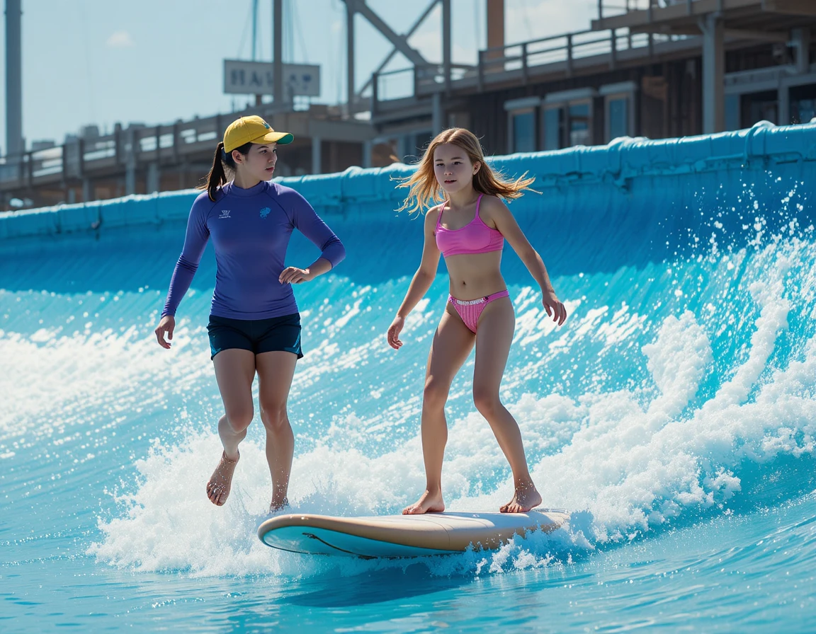Joven niña surfeando en máquina de olas en parque acuático soleado