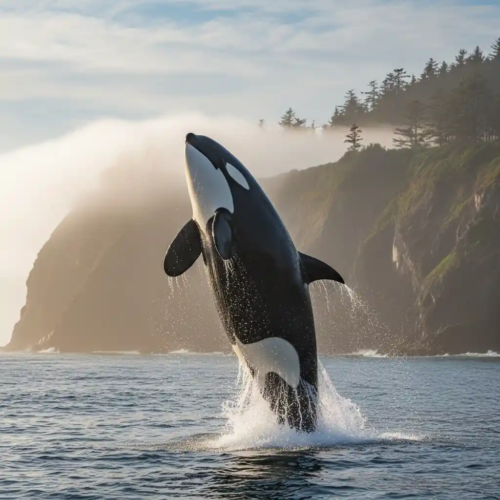 Orca Saltando Muy Alto Sobre una Costa Oceánica Iluminada por el Sol