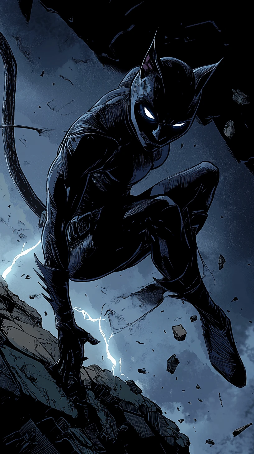 Catwoman estrellándose contra el suelo en una pose de aterrizaje dinámica