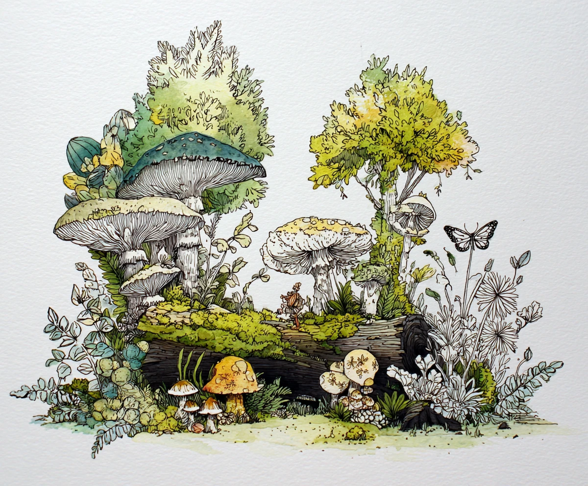 Bosque encantado y juguetón con duendes y una criatura oculta