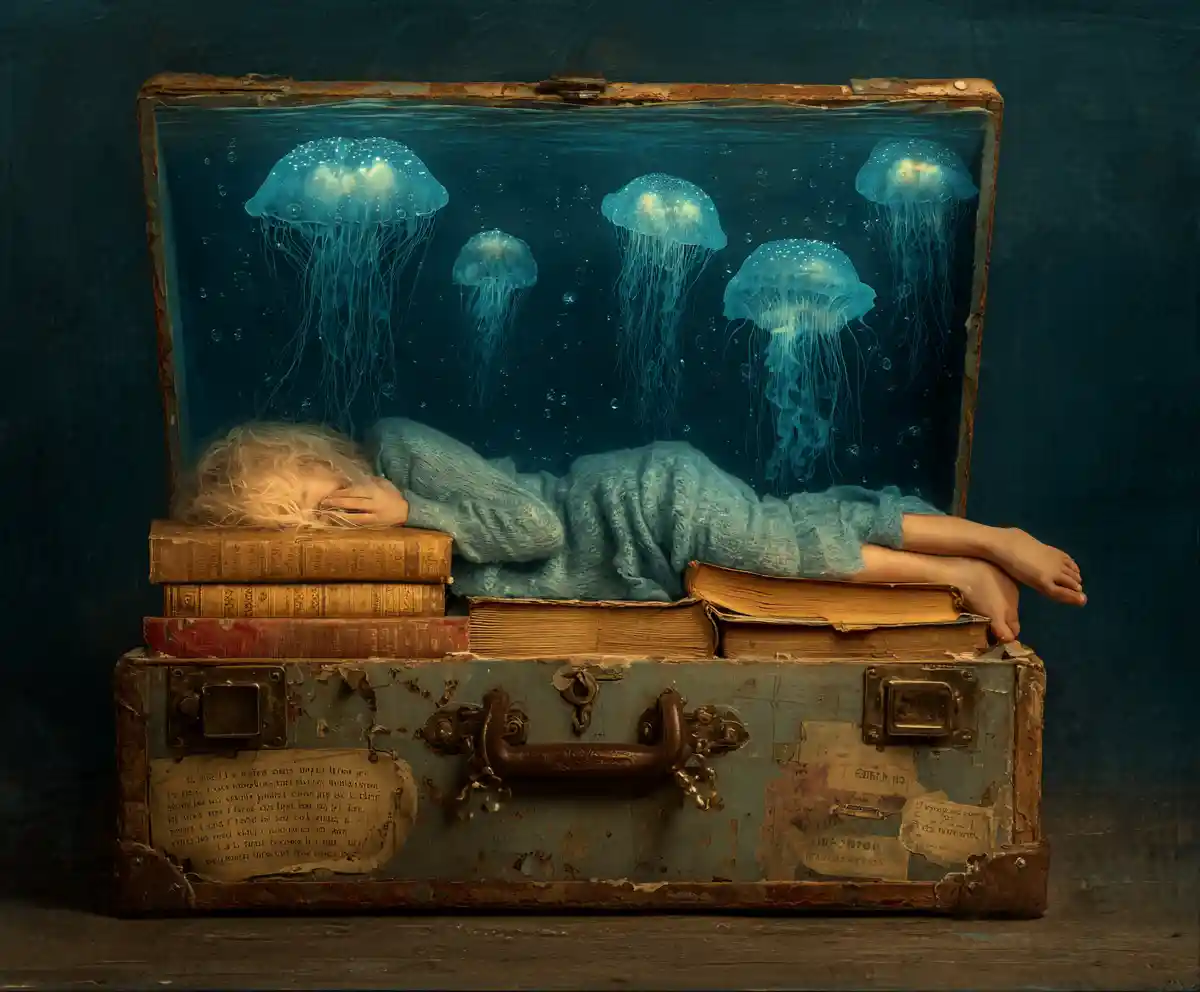 Mermaid Reading In A Treasure Chest Nook With Jellyfish
