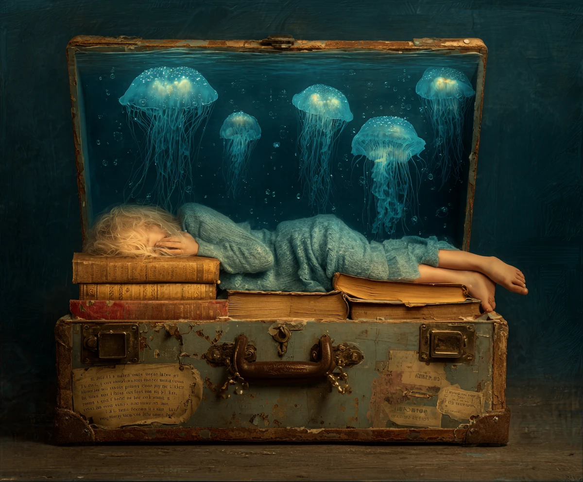 Mermaid Reading In A Treasure Chest Nook With Jellyfish