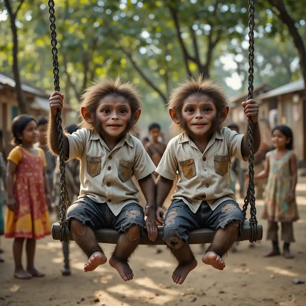Deux singes joueurs avec des enfants dans un parc ensoleillé