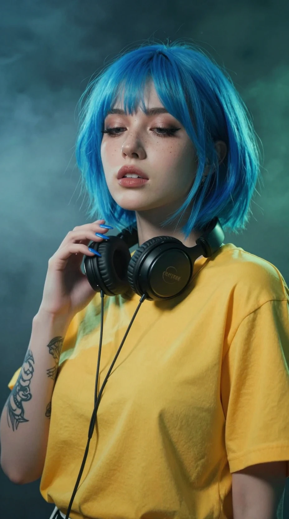 Chica de cabello azul con auriculares en una luz dramática y neblinosa