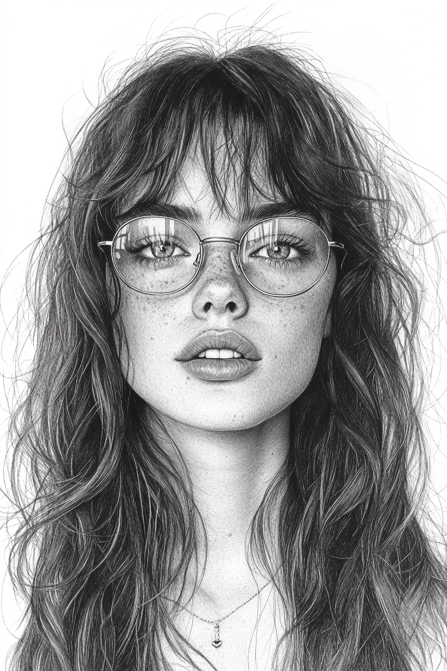Pencil portrait of a girl with glasses and wavy hair