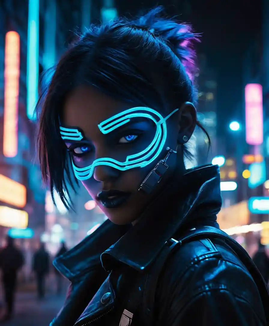 Donna mascherata in città al neon con occhi blu luminosi